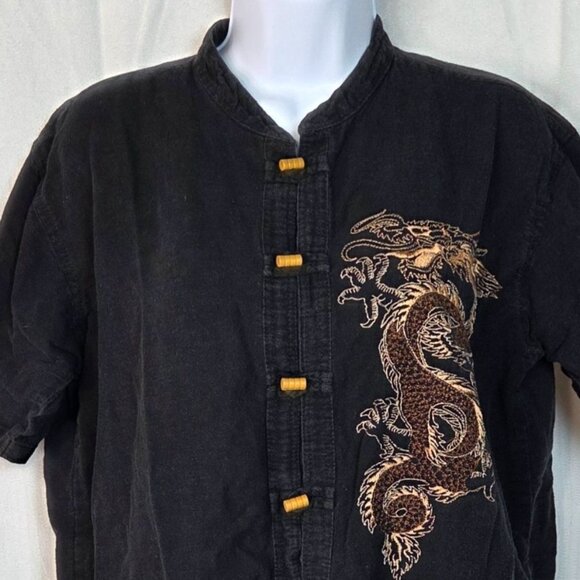 Vintage Arda Black Traditional Chinese Dragon Embroidered Toggle Front Shirt XL - Picture 2 of 6